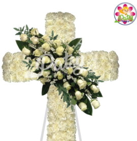 Hermosa cruz floral de Rosas Blancas de Condolencia